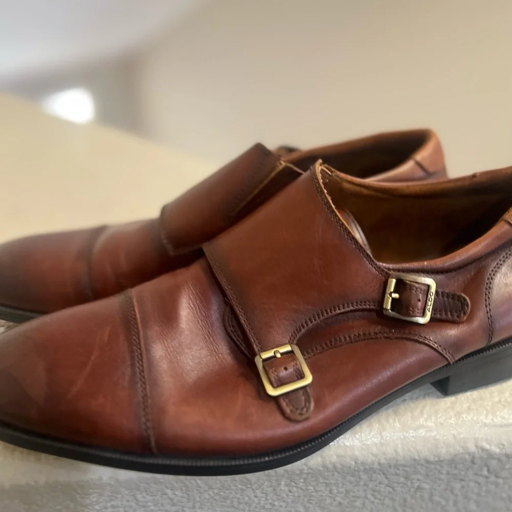 Aldo Men's Size 10‎ Dress Shoes Brown Leather Cap Toe Monk Straps Studded Office